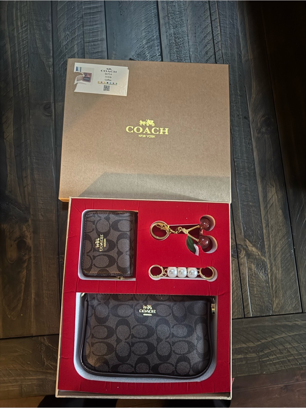 Coach Men’s Brown Signature mini wallet, Zip Pouch & Charm Set